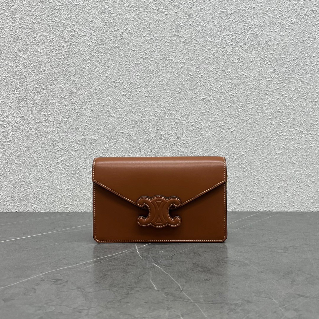 CELINE Shiny Calfskin Triomphe Margo Wallet on Chain Tan