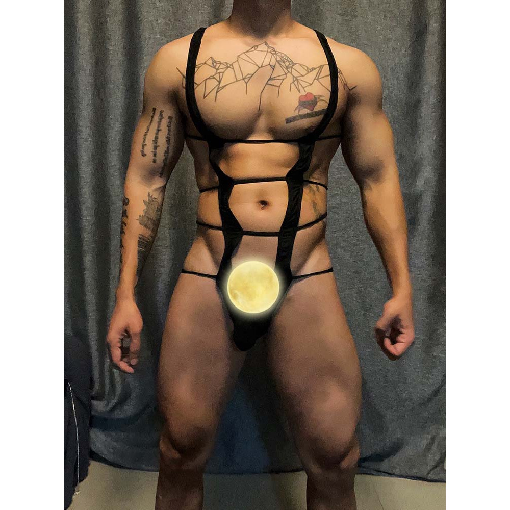 Pt297 Men's Sexy Transparent Ultra-Thin Gauze Sling Halter Hipless Bodysuit Underwear Sports Muscle Male Fitness Sports Breathable U-Protruding Pouch Look Big Sexy Bodysuit Gay Couple Perspective Sad 