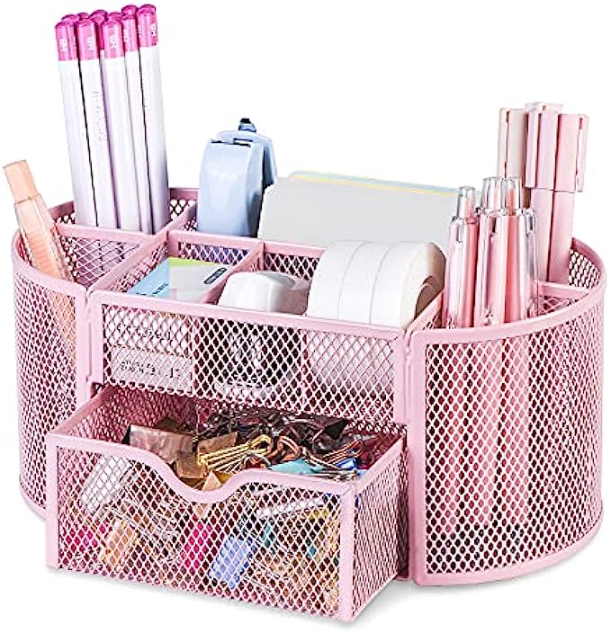 Pink Pen Holder Organzier, Cute Office Supplies Pen and Marker Organization Essentials Desk Caddy with Drawer for Home &amp; Office Desktop &amp; Decor&amp; Kitchen